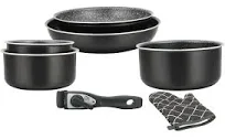 Batterie de cuisine revêtement pierre avec manche amovible 7 pièces Herzberg