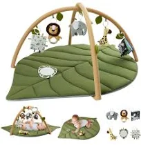 Blissful Diary Tapis d'éveil Bébé avec Arche Amovible, Forme des Feuilles Tapis Éveil Bébé 6 Jouets - Développement Sensoriel et Moteur Progressif,