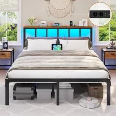 Brinlawb Lit 140 x 190 avec Sommier,Lumières LED & Multiprise,Métal,Noir | Sommier 140x190 avec Rangement,Cadre en Métal, (2 Prises AC,2 Ports USB),