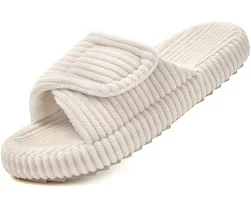 Coswind Chaussons Femme Confortable Mousse Mémoire Velour Côtelé Pantoufles | Réglable Bout Ouvert Slippers, Maison Chaussures, Antidérapantes,
