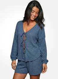 Cupshe Ensemble de Pyjama Femme bleu col V lien à nouer sur le devant