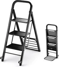 Escabeau Pliable à 3 Marches Chariot Echelle 2 en 1 avec 2 Roues en Caoutchouc