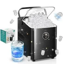 FOHERE Machine à Glaçons avec Poignée, 14kg, 2 Tailles, Autonettoyante | Silencieuse, Utilisation Facile, 8 Glaçons en 5 Mins, avec Panier et Pelle à
