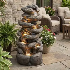 Grande Fontaine de Jardin BK902 avec éclairage LED Fontaine Cascade en Pierre Grande décoration de Jardin Aspect Pierre 100 cm