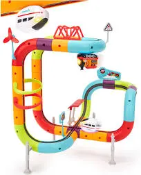 hahaland Train Électrique Enfant 3-8 Ans, 3D Circuit&2 Trains, 64 Pièces | jeux train avec 37 rails flexibles, 2 véhicules USB-C, anti-gravité 360°,