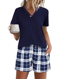 Jezonga Pyjamas Femme Ete Coton Ensembles de Pyjama Court | Vêtements de Nuit Manches Courtes Col V avec Poches Latérales