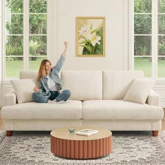 Kidirect Canapé Confortable en Velours côtelé de 221CM, 53 cm Siège Extra Profond, Montage sans Outils, Grand canapé 3 Places avec 2 Coussins, Canapé