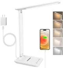 Lampe de Bureau LED avec Adaptateur, Pliable Lampe de Chevet Dimmable avec 5