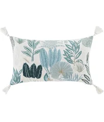 Maisons du monde Coussin en coton et lin imprimé bleu canard bleu vert et bleu gris avec pompons écrus 30x50 style bord de mer