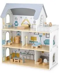 Mamabrum Maison de Poupée en bois 3 Niveaux avec Terrasse et Accessoires