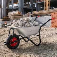 MAXCRAFT Brouette de Chantier 250 kg 100 L Chariot Transport Jardin Pneus avec Chambre à Air Poignée en Caoutchouc Dur - Argent Noir