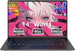 Ordinateur Portable 14 Pouces Celeron N5095 (jusqu'à 2,9 GHz) Win11 8Go 256Go SSD Extension 1To 5G WiFi FHD HDMl PC Portable avec Souris sans Fil