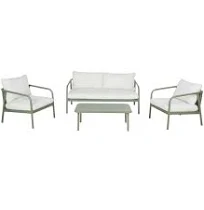 Salon de jardin 4 places vert kaki et coussins écru style contemporain Maisons du monde