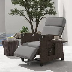 UDPATIO Transat Jardin Extérieur avec Coussin - Bain de Soleil en Rotin aux Intempéries - Dossier Réglable 150° avec Table Latérale - pour Intérieur