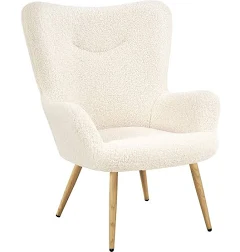 Yaheetech Fauteuil de Salon à Haut Dossier en Tissu Bouclette Ivoire | Fauteuil Scandinave Ergonomique Confortable, Pieds en Métal Effet Bois, Chaise